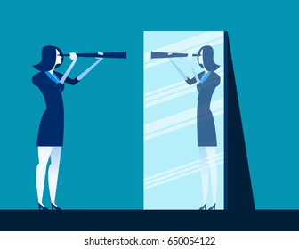 Businesswoman holding telescope and reflecting in mirror. Concept business vector illustration.