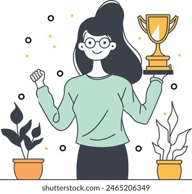 Businesswoman holding a trophy, achievement recognition, award celebration, victory symbol. one continues line art vector illustration