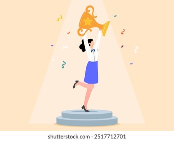 Businesswoman holding a trophy and jumping with joy because of her success