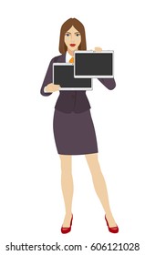 Businesswoman holding a two digital tablets PC. Full length portrait of businesswoman in a flat style. Vector illustration.