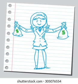 Businesswoman holding two money bags