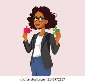 
Businesswoman Holding Two Pieces of Puzzle Vector Illustration. Business manager finding the best solutions to marketing problems
