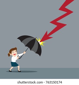 Businesswoman Holding Umbrella Protected Graph Down, Illustration Vector Cartoon
