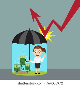 Businesswoman Holding Umbrella Protecting Graph Down, Illustration Vector Cartoon