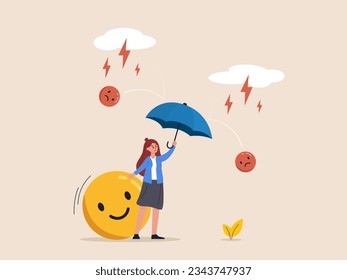 Empresaria sosteniendo el paraguas y protegiendo la emoción positiva. Concepto de motivación. Mantener el buen humor, la salud mental, el optimismo, la psicología del pensamiento positivo. Ilustración vectorial plana moderna.