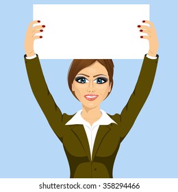 businesswoman holding white blank board