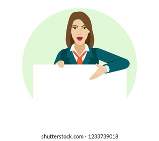 Businesswoman holding white blank poster and showing blank signboard. Portrait of businesswoman in a flat style. Vector illustration.