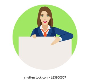 Businesswoman holding white blank poster and showing blank signboard. Portrait of businesswoman character in a flat style. Vector illustration.