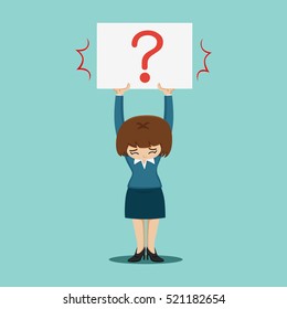 Businesswoman holding white board with question mark sign, vector illustration cartoon