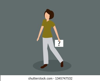businesswoman holding a white paper or billboard with a question mark on it,  vector illustration.