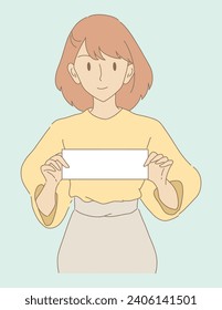 Businesswoman holding white sign. Joyful girl with blank paper in hands. Young woman showing banner. Hand drawn flat cartoon character vector illustration.
