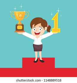 Businesswoman holding winner trophy icons in her hand, illustration vector cartoon