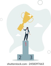 businesswoman holding winner trophy on first place podium with spotlight.flat vector illustration.