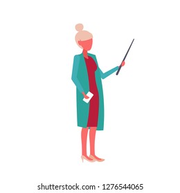 businesswoman holding wooden pointer business woman or teacher giving presentation lecture concept female cartoon character full length isolated flat