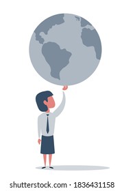 Businesswoman holding the world in her hands. Stock vector illustration for poster, greeting card, website, ad, business presentation, advertisement design.