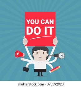 Businesswoman holding you can do it sign - Vector