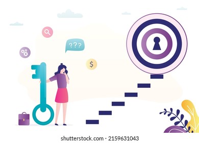 Businesswoman holds big key and stands at foot of career ladder, large target with keyhole on top. Achieving success. Key to unlocking skills, talents, business success. Flat vector illustration