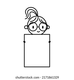 Businesswoman holds a blank banner isolated on white background. Hand drawn doodle woman. Vector stock illustration.