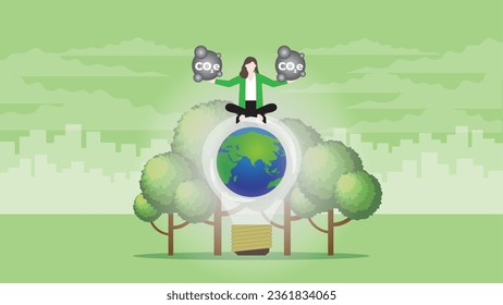 A businesswoman holds CO2e gas on the world light bulb and trees. ESG policy, plant a tree, Net zero carbon footprint emission, Sustainability and an idea of Environmental Sustainable Development.