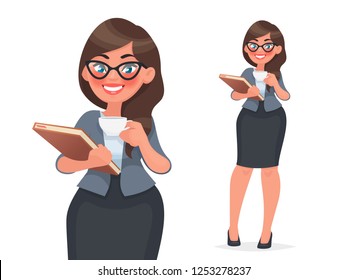 Businesswoman holds a cup of coffee and a folder with files. Woman in business clothes, employee of the company. Vector illustration in cartoon style