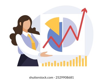 Empresária mantém crescente gráfico, diagrama e setas. Conceito de trabalho profissional, análise de dados e planejamento. Ilustração de negócios de vetor plano.