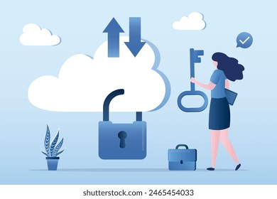 Businesswoman holds key from cloud with padlock. Cloud security system to protect information for remote work, secure technology for safety access online server. Database protection, cyber security.