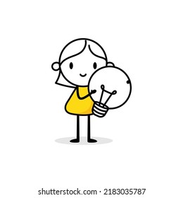 Businesswoman holds a light bulb on white background. Hand drawn doodle woman. Idea and creativity concept. Vector stock illustration.