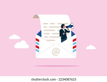 Businesswoman holds megaphone standing in email envelope announcing. Subscription on web. Sending email newsletter for discount. Email marketing. Modern vector illustration.