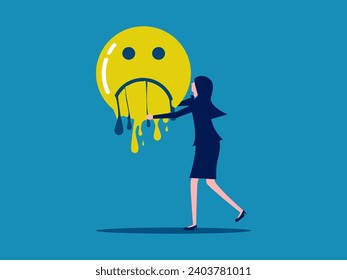 Businesswoman holds a melting sad face icon. vector 