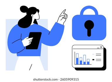 A businesswoman holds a tablet while pointing at a lock representing cybersecurity. Below, a browser window displays a bar chart. Ideal for data security, online privacy, business analytics