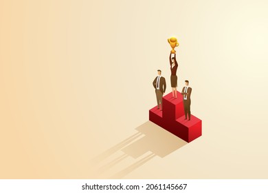 Businesswoman holds a trophy on a podium above a businessman. Leadership and success business victory gender equality The power of feminism over men. isometric concept illustration.