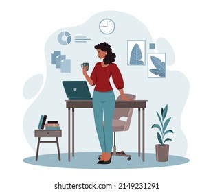 Businesswoman from home. Young girl with mug in her hands stands next to laptop, lunch break. Comfortable workplace and digital world, remote work on project. Cartoon flat vector illustration