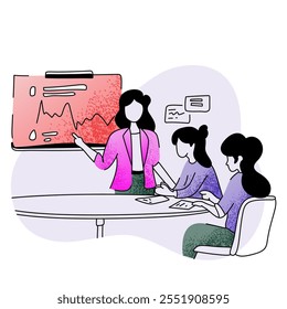 Businesswoman hosting a hybrid meeting, engaging with colleagues on site and online, perfect for workplace and leadership themes