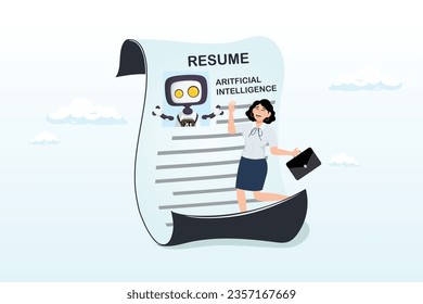 Businesswoman HR consider robot AI resume to fill in job, Artificial Intelligence AI replacement on human workforce, job or employment, AI candidate, machine or automation to work position (Vector)