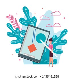 Businesswoman with Huge Tablet over Floral Leaves Metaphor Cartoon. Freelancer Presenting New Project or Working Results. Vector Freelancer with Gadget. Outdoor Workplace, Remote Work Illustration