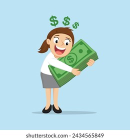 Businesswoman hugging money. Flat, Poster, Vector, Illustration, Cartoon, EPS10. 