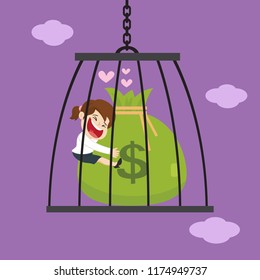 Businesswoman hugging a sack of money inside the prison, Vector Illustration cartoon