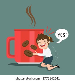 Businesswoman hugs big coffee mug, illustration vector cartoon