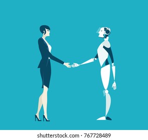 Businesswoman, human and robot meeting each other. Future reality, artificial intellect concept illustration  
