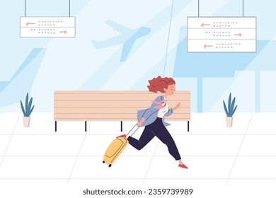 Businesswoman hurry to aircraft. Hurrying woman tourist haste to airplane, female entrepreneur carry suitcase in airport for working travel, summer trip journey vector illustration