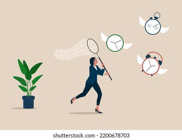 Businesswoman hurry chasing to catch flying away alarm clock and stop watch. Lack of time, countdown for work project deadline. Vector illustration.