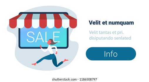 businesswoman hurry up online shopping big sale concept shop mobile application business woman customer female cartoon character full length horizontal copy space vector illustration