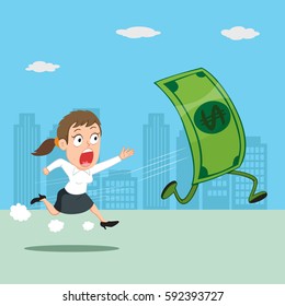 Businesswoman hurry up running follow money running away, vector illustration cartoon