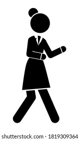 Businesswoman hurry up or walking, black and white logo avatar with businessperson silhouette wearing office dress, webicon, isolated female in office suit, dresscode, time out, deadline, simple icon