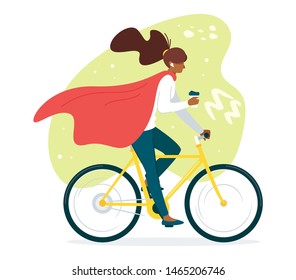 Businesswoman hurrying to work cartoon character. Woman in red cape riding bicycle to workplace vector illustration. Morning routine, drinking coffee and listening to music flat drawing