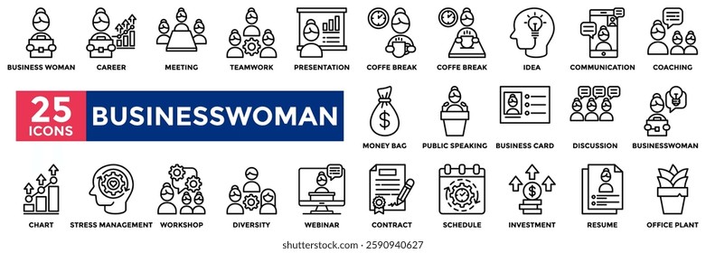 Businesswoman icon collection set.Containing career, meeting, teamwork, presentation, webinar, public speaking, coaching, workshop icon. Simple line vector illustration.