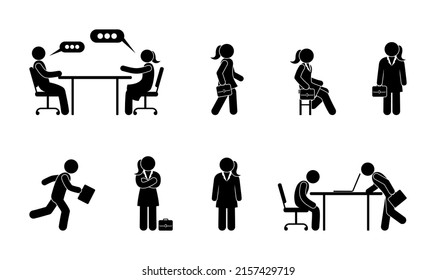 businesswoman icon collection, woman at work illustration, stick figure pictogram people in the office, businessmen go, stand, sit and work