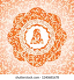 businesswoman icon inside abstract emblem, orange mosaic background