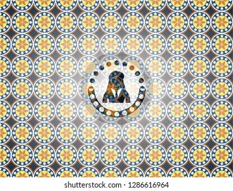businesswoman icon inside arabic badge. Arabesque decoration.