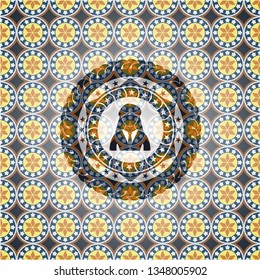 businesswoman icon inside arabic badge. Arabesque decoration.